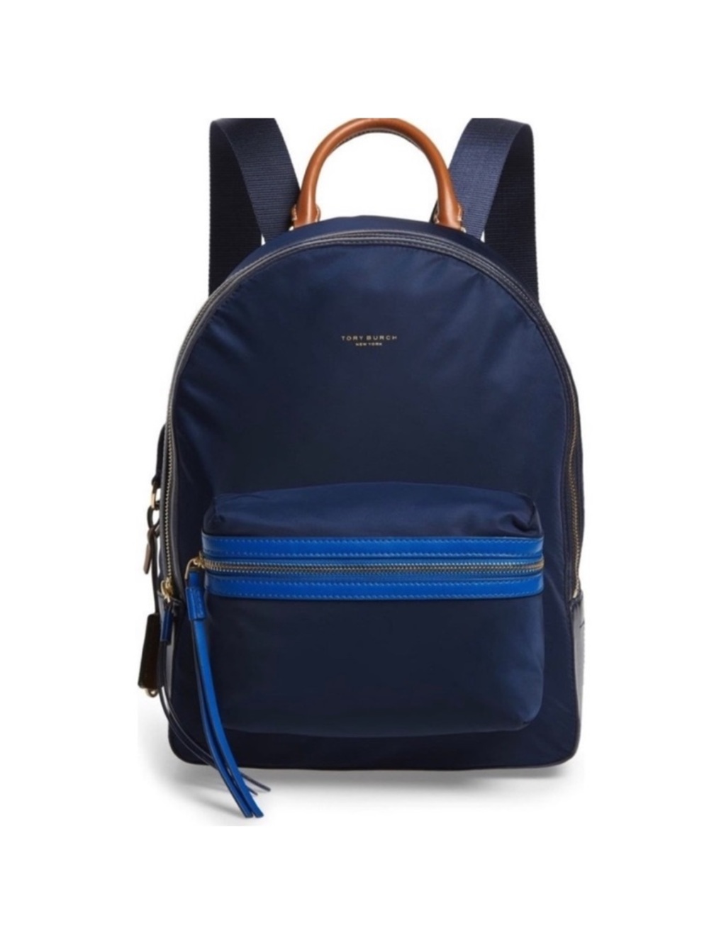 Tory Burch Navy Backpack with Blue Accent and Brown Leather Handle